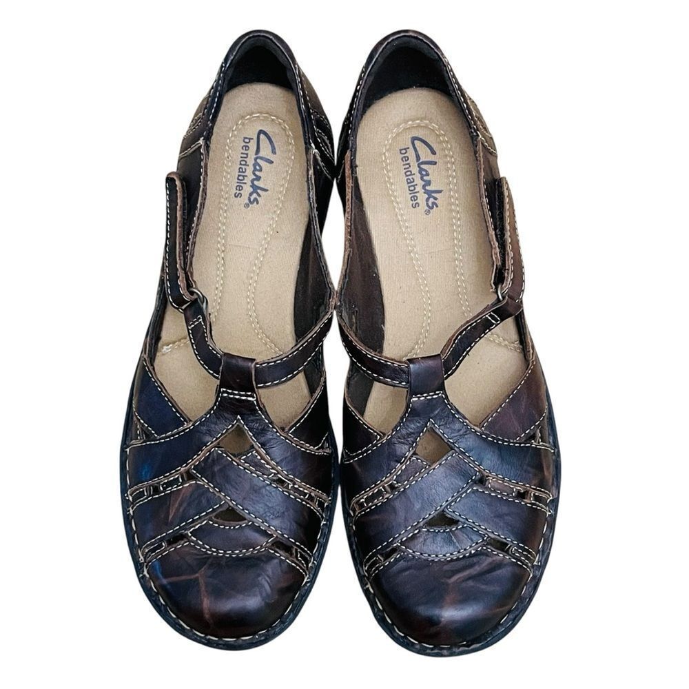 Clarks Merry Jane Brown Leather Shoes Bendables Strap Flat Stitched - Picture 3 of 10
